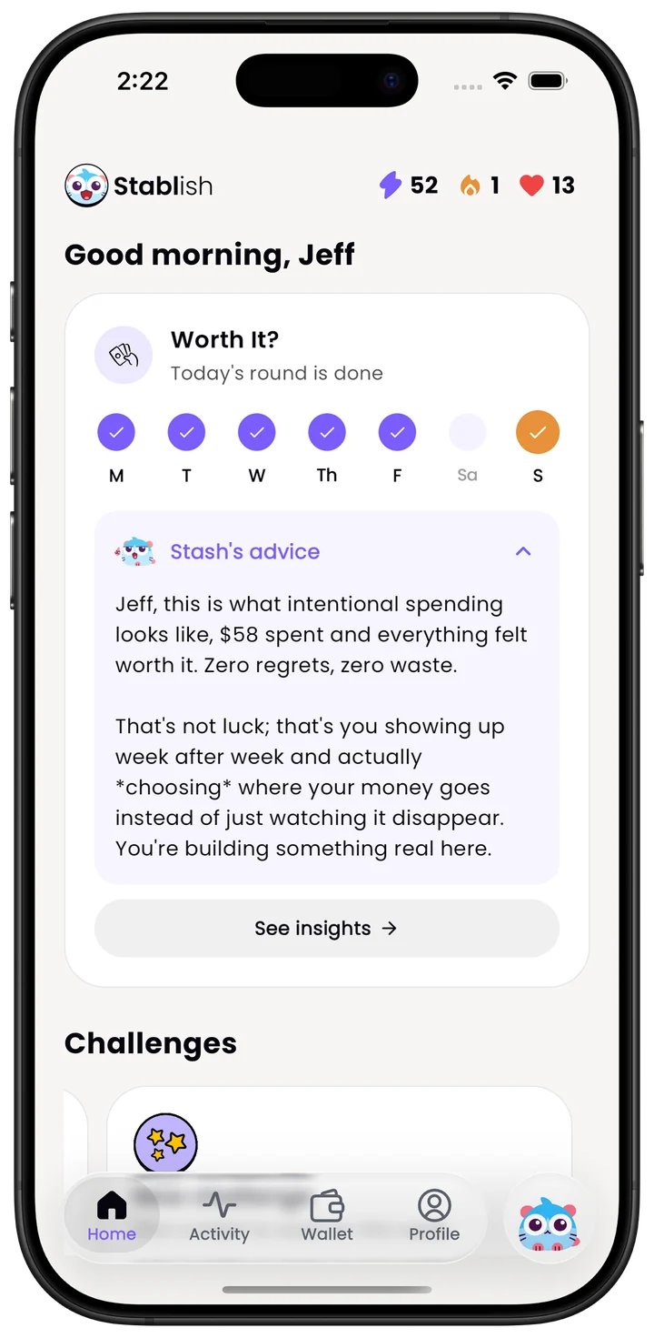 Stash, the in-app coach, giving personal spending advice